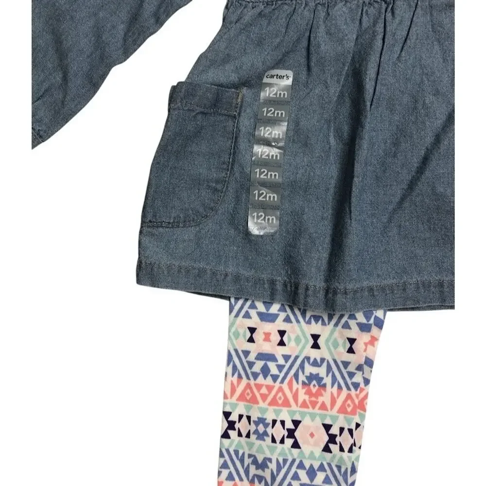 Carters Baby Girls Outfit Chambray Long Sleeve Denim Shirt Aztec‎ Leggings 12 M